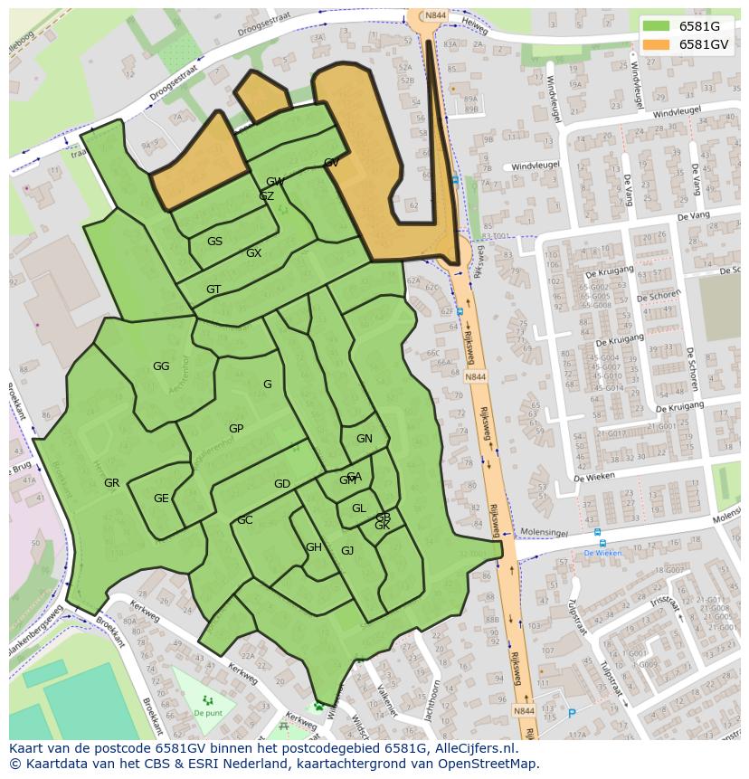 Afbeelding van het postcodegebied 6581 GV op de kaart.
