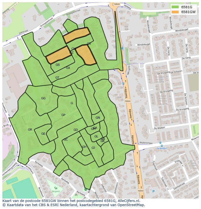 Afbeelding van het postcodegebied 6581 GW op de kaart.