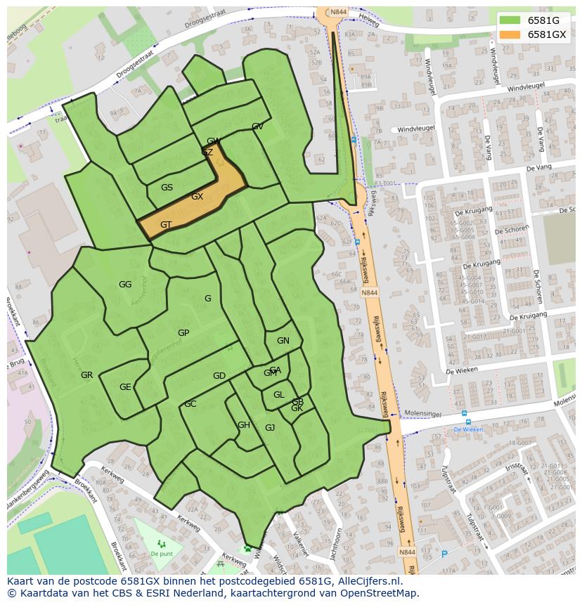 Afbeelding van het postcodegebied 6581 GX op de kaart.
