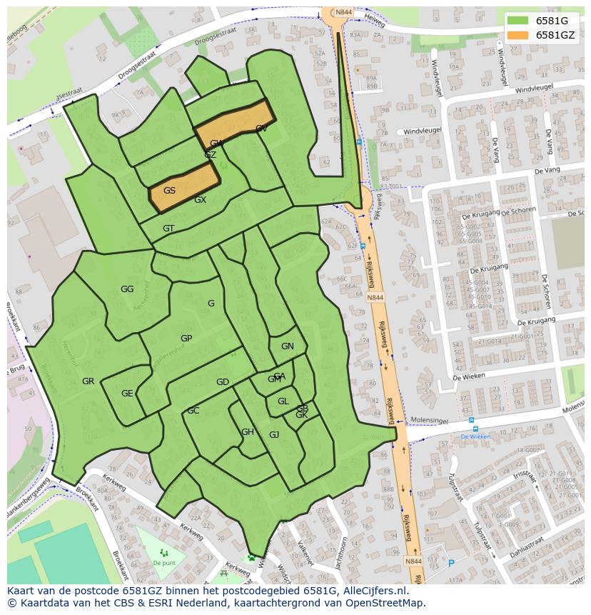 Afbeelding van het postcodegebied 6581 GZ op de kaart.