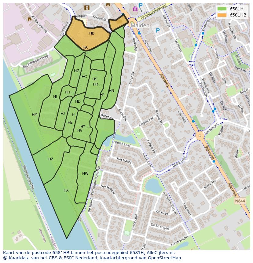 Afbeelding van het postcodegebied 6581 HB op de kaart.