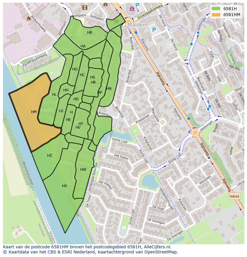 Afbeelding van het postcodegebied 6581 HM op de kaart.