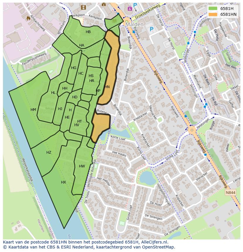 Afbeelding van het postcodegebied 6581 HN op de kaart.