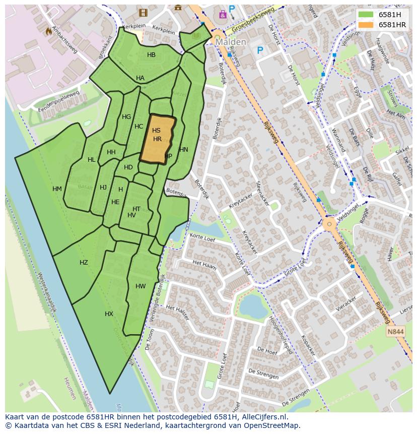 Afbeelding van het postcodegebied 6581 HR op de kaart.