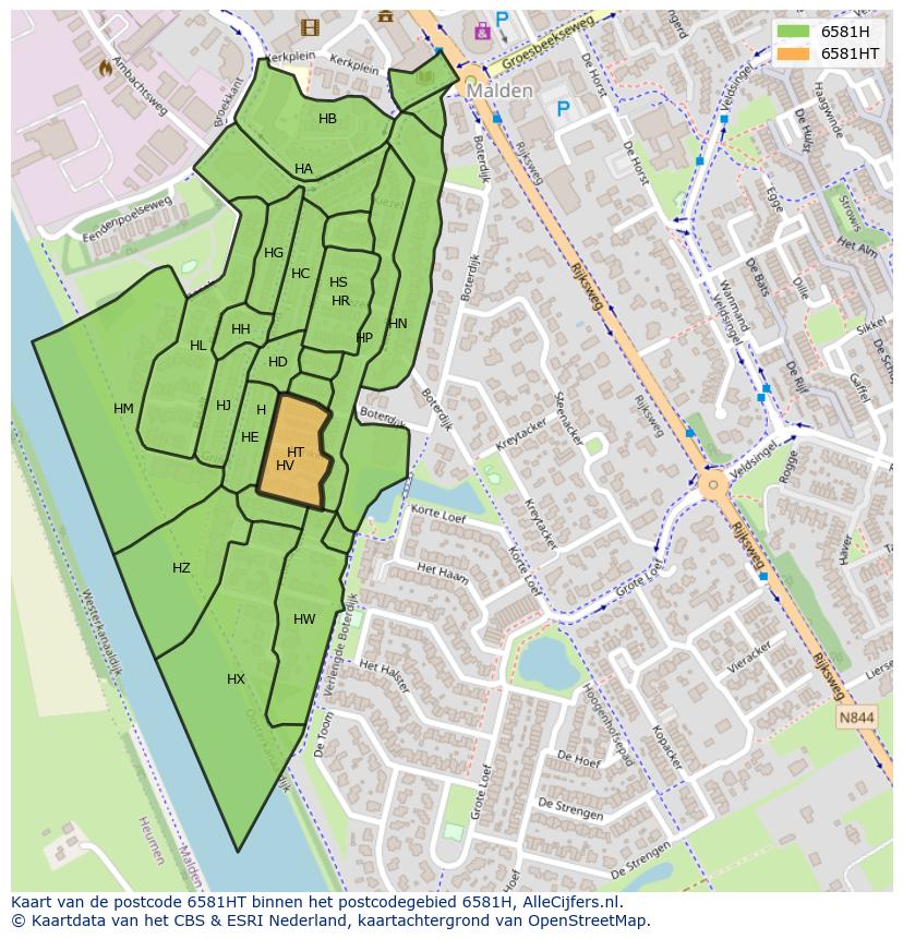 Afbeelding van het postcodegebied 6581 HT op de kaart.