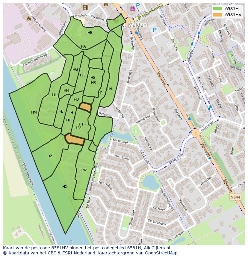 Afbeelding van het postcodegebied 6581 HV op de kaart.