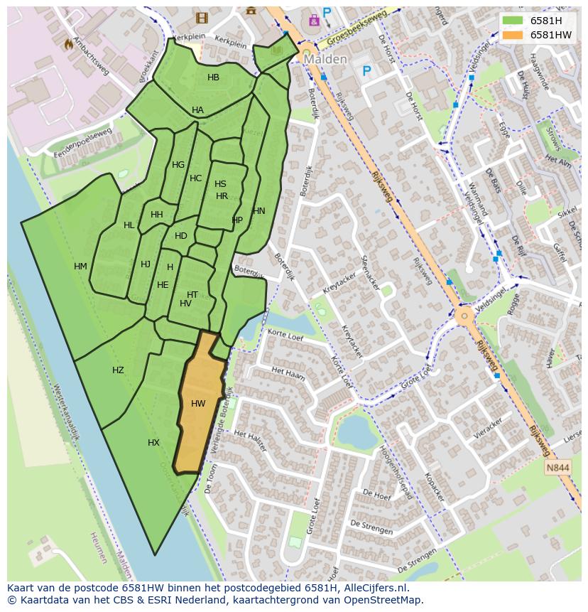 Afbeelding van het postcodegebied 6581 HW op de kaart.