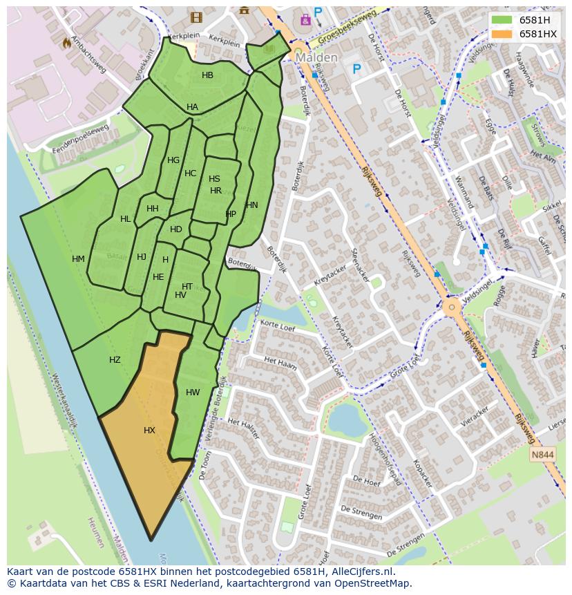 Afbeelding van het postcodegebied 6581 HX op de kaart.