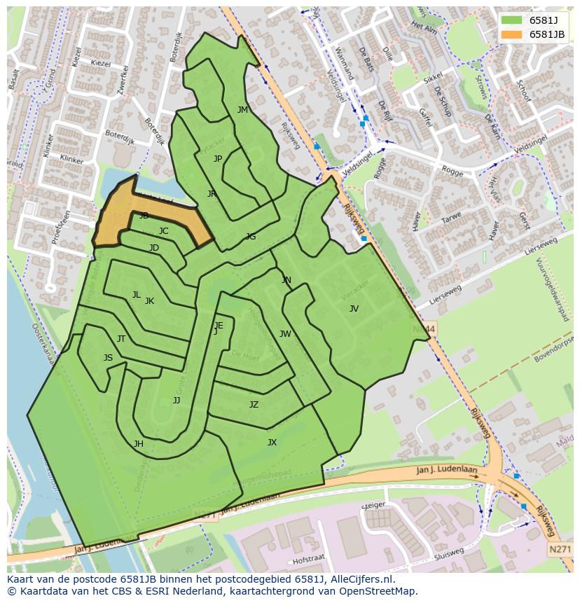Afbeelding van het postcodegebied 6581 JB op de kaart.