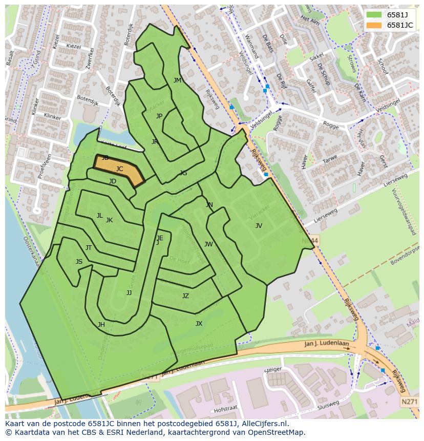 Afbeelding van het postcodegebied 6581 JC op de kaart.