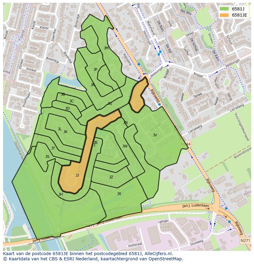 Afbeelding van het postcodegebied 6581 JE op de kaart.