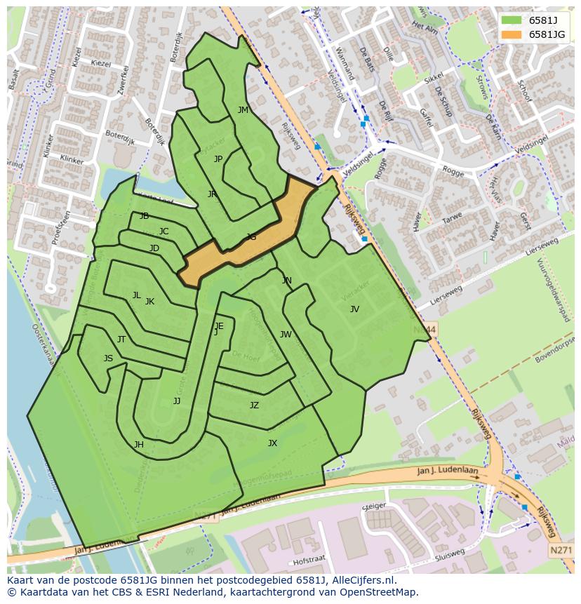 Afbeelding van het postcodegebied 6581 JG op de kaart.