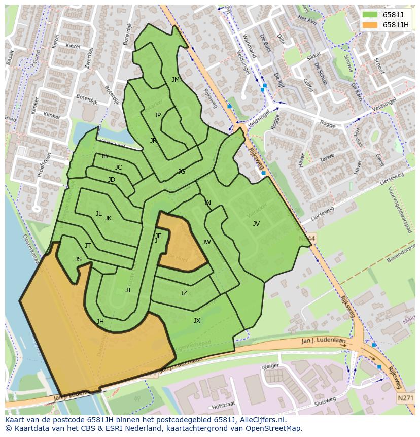 Afbeelding van het postcodegebied 6581 JH op de kaart.