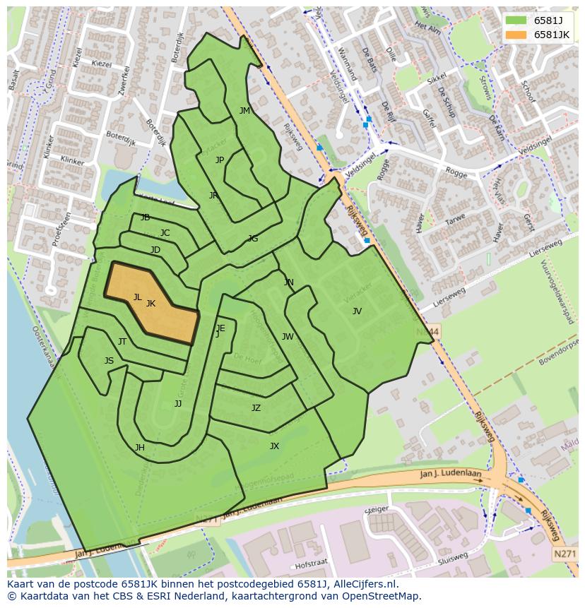 Afbeelding van het postcodegebied 6581 JK op de kaart.
