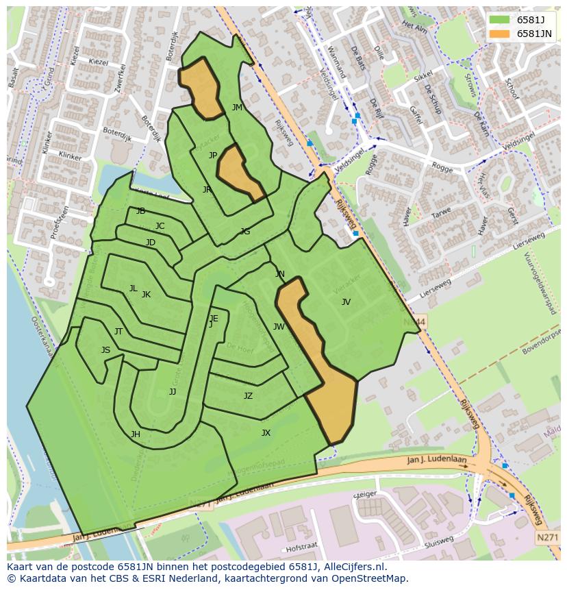 Afbeelding van het postcodegebied 6581 JN op de kaart.