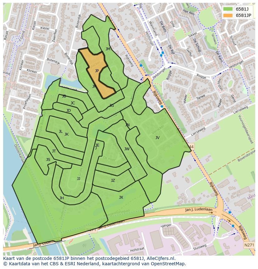 Afbeelding van het postcodegebied 6581 JP op de kaart.