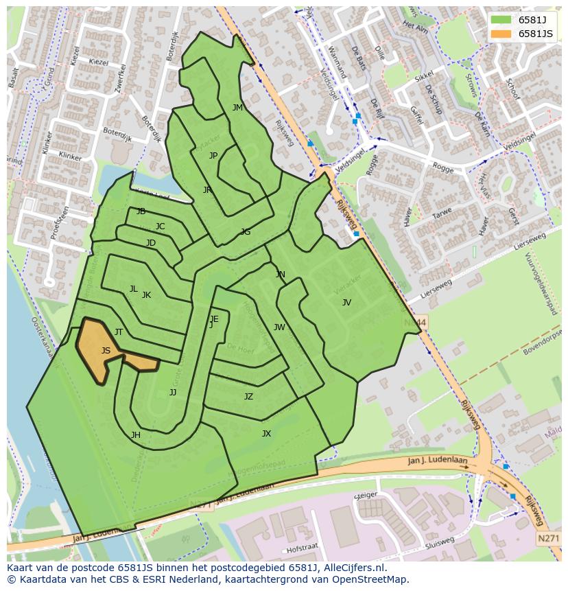 Afbeelding van het postcodegebied 6581 JS op de kaart.