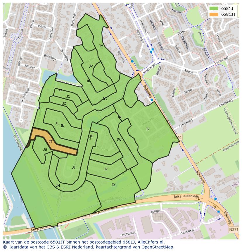 Afbeelding van het postcodegebied 6581 JT op de kaart.