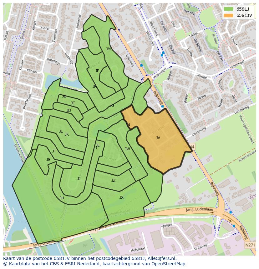 Afbeelding van het postcodegebied 6581 JV op de kaart.