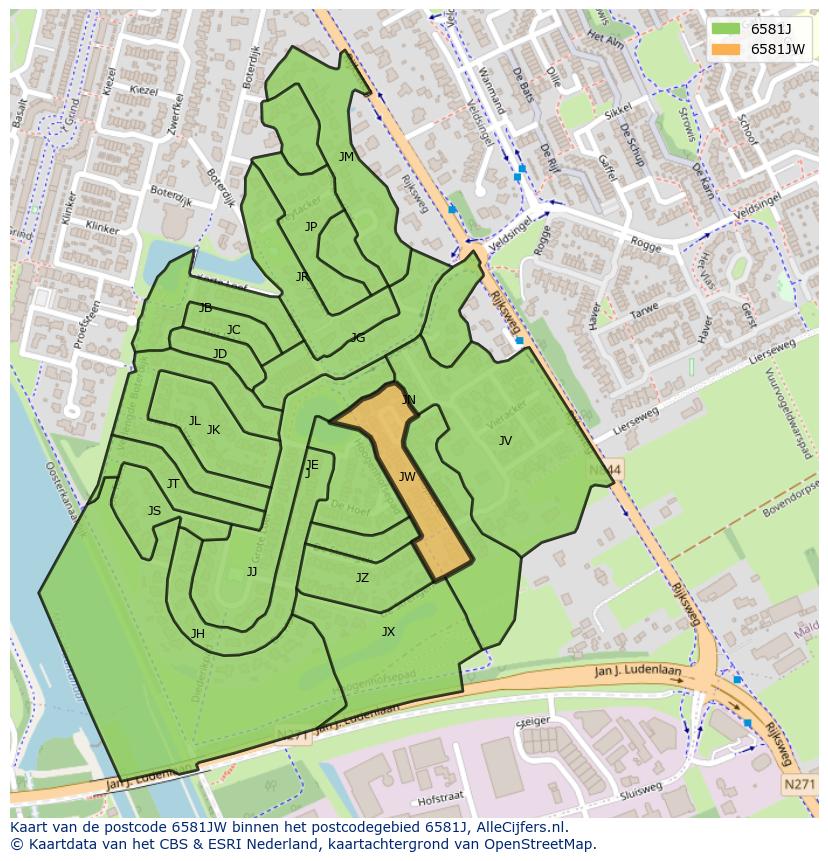 Afbeelding van het postcodegebied 6581 JW op de kaart.