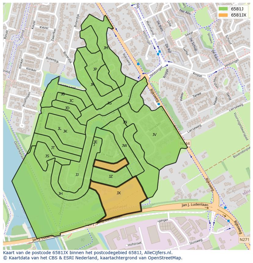 Afbeelding van het postcodegebied 6581 JX op de kaart.