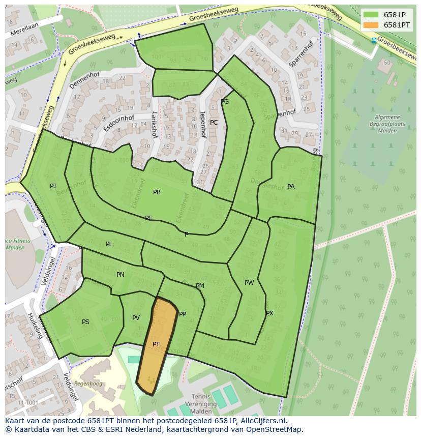 Afbeelding van het postcodegebied 6581 PT op de kaart.