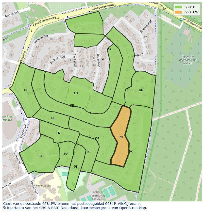 Afbeelding van het postcodegebied 6581 PW op de kaart.