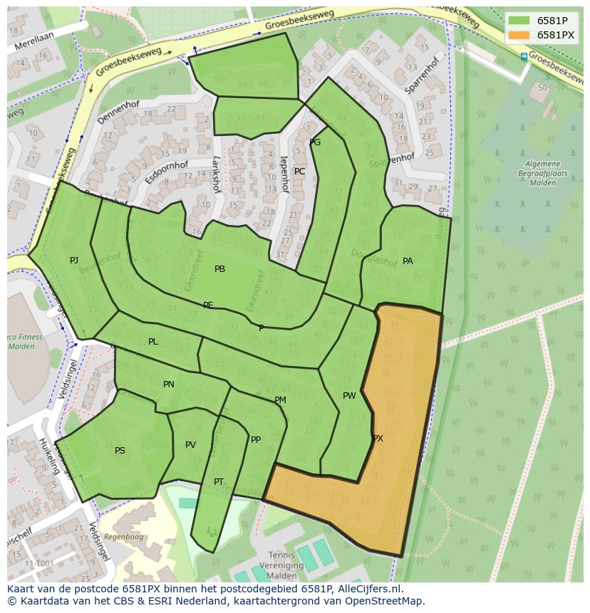 Afbeelding van het postcodegebied 6581 PX op de kaart.