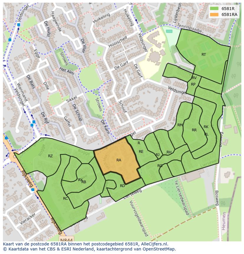 Afbeelding van het postcodegebied 6581 RA op de kaart.