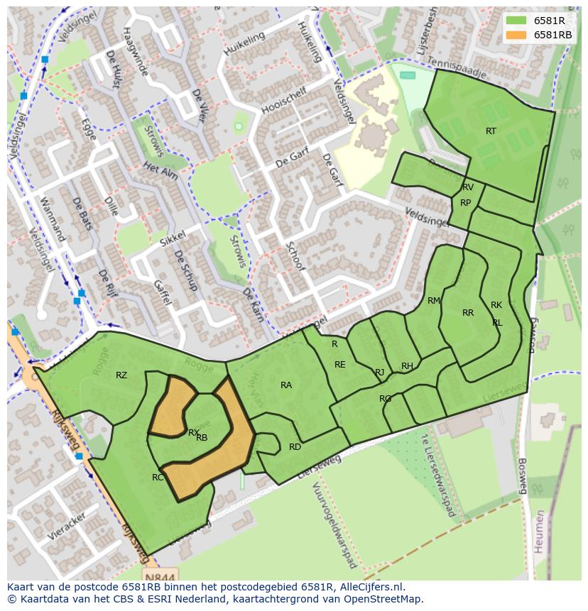Afbeelding van het postcodegebied 6581 RB op de kaart.