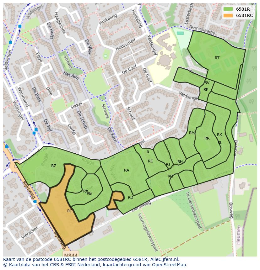 Afbeelding van het postcodegebied 6581 RC op de kaart.