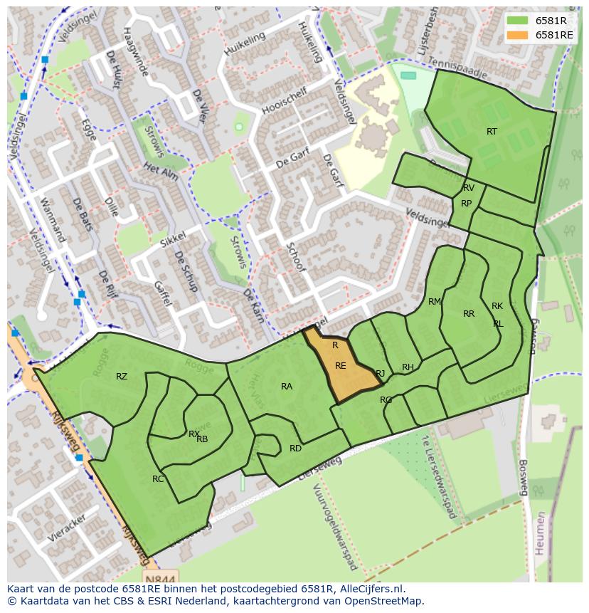 Afbeelding van het postcodegebied 6581 RE op de kaart.