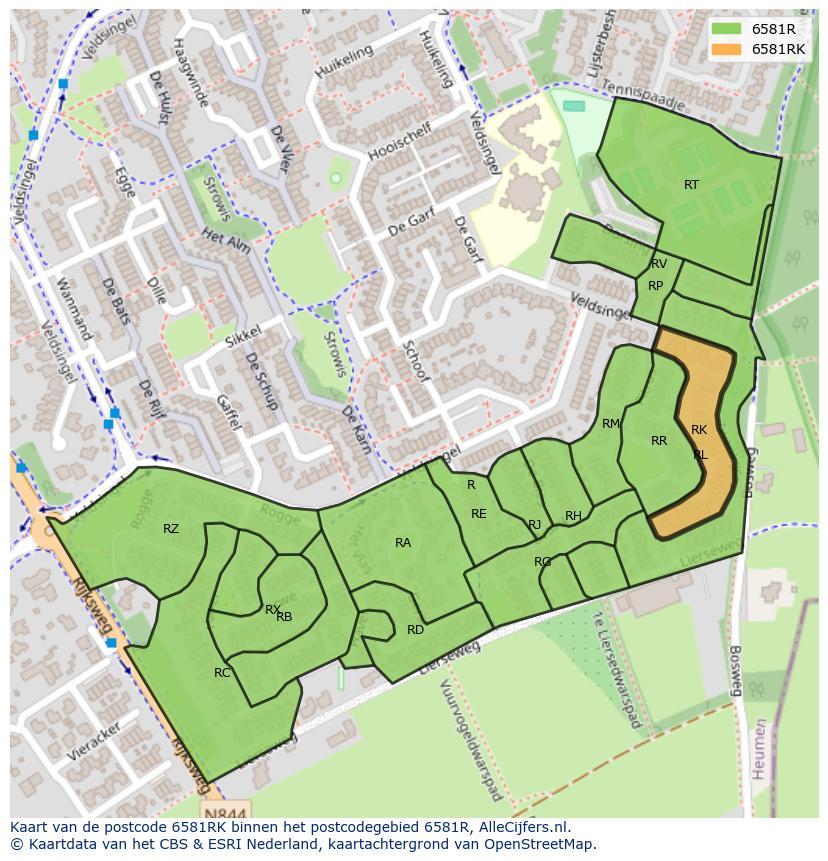 Afbeelding van het postcodegebied 6581 RK op de kaart.
