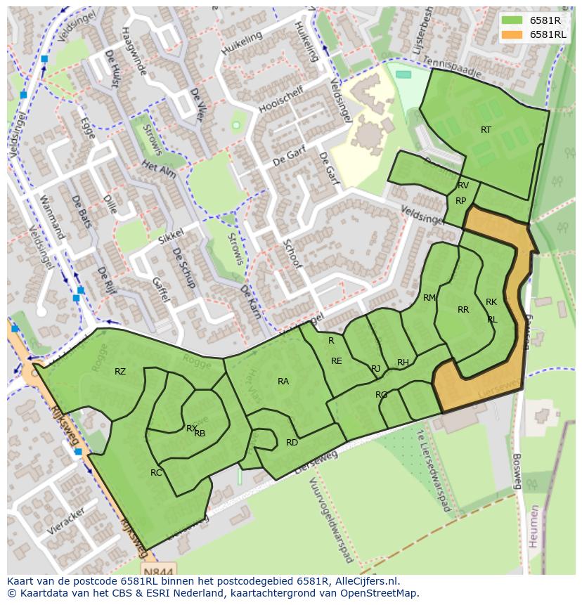 Afbeelding van het postcodegebied 6581 RL op de kaart.