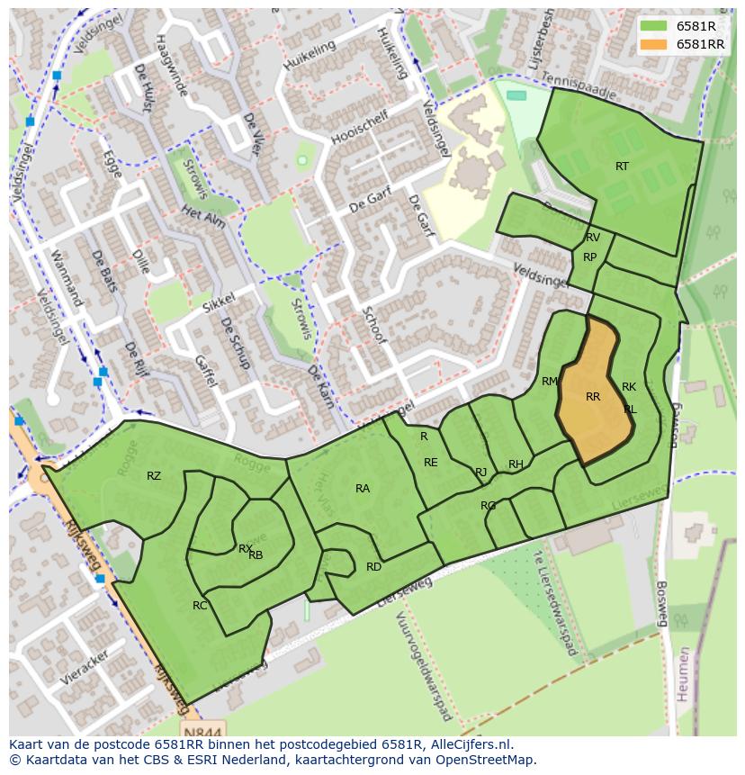Afbeelding van het postcodegebied 6581 RR op de kaart.