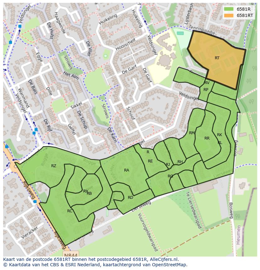 Afbeelding van het postcodegebied 6581 RT op de kaart.