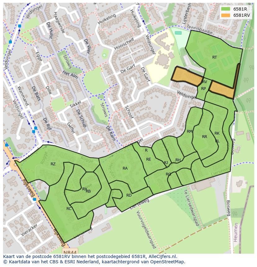 Afbeelding van het postcodegebied 6581 RV op de kaart.
