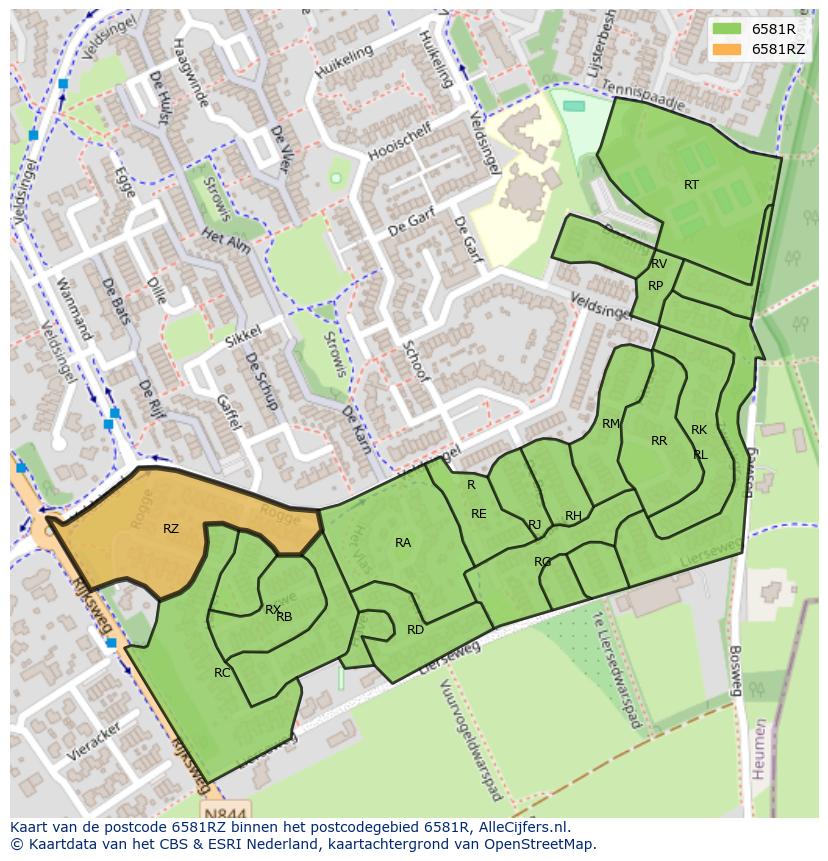 Afbeelding van het postcodegebied 6581 RZ op de kaart.