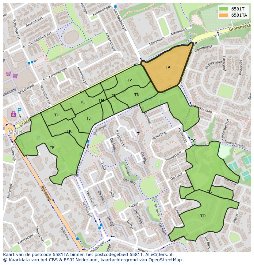 Afbeelding van het postcodegebied 6581 TA op de kaart.