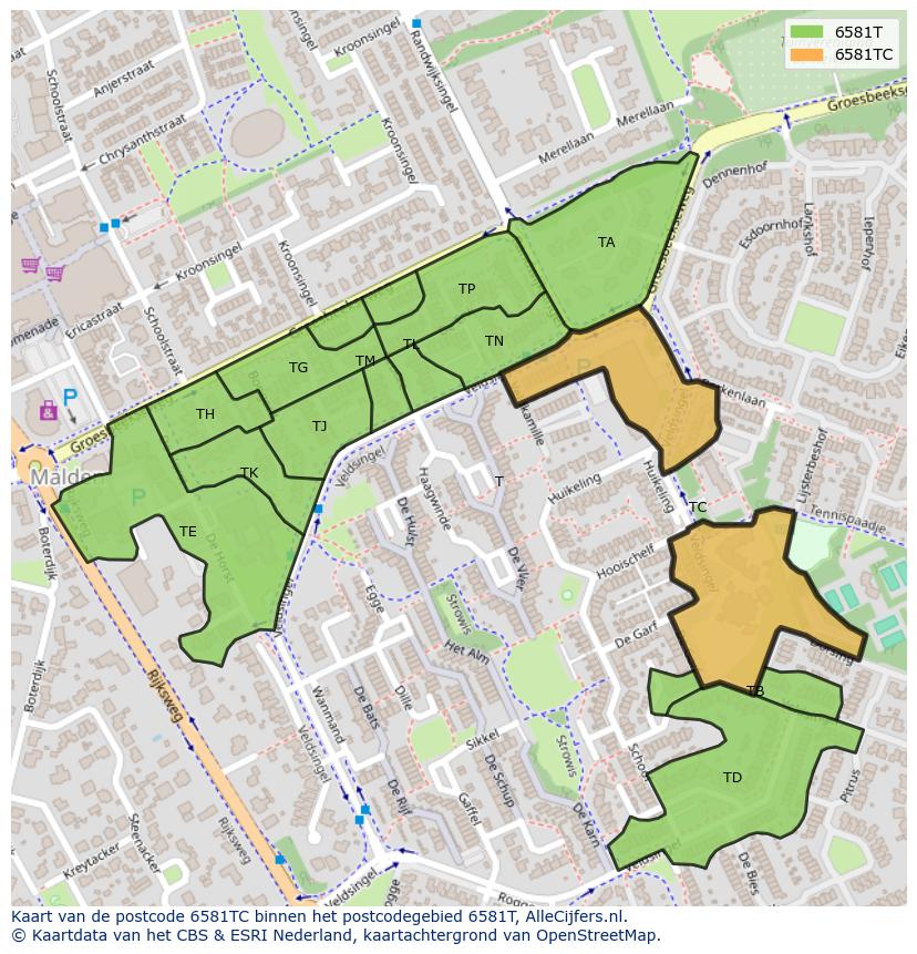 Afbeelding van het postcodegebied 6581 TC op de kaart.