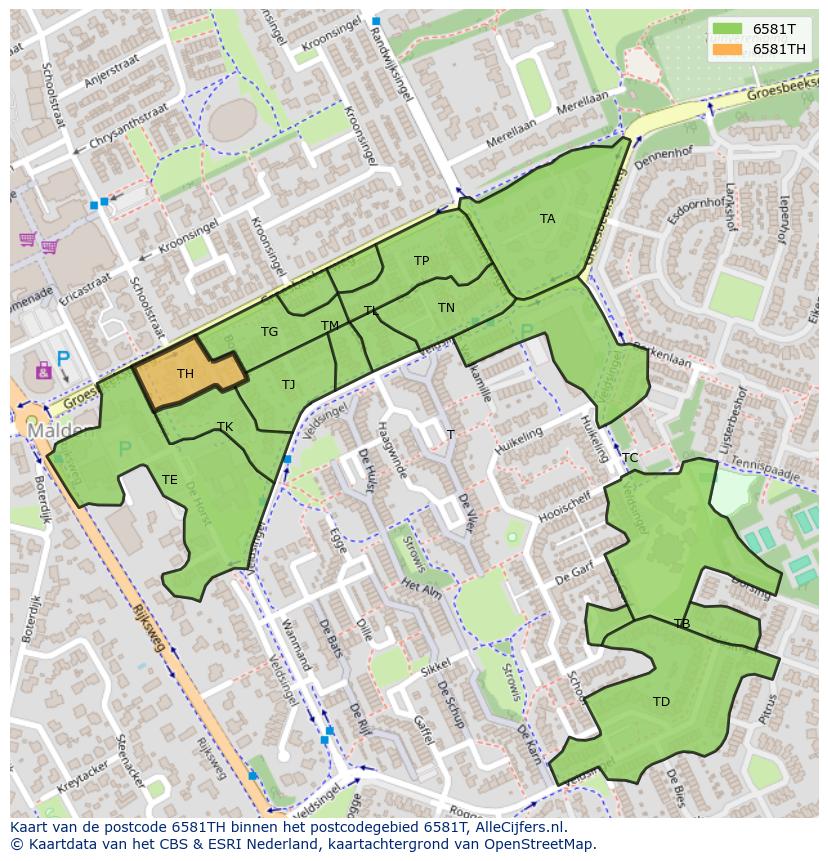 Afbeelding van het postcodegebied 6581 TH op de kaart.