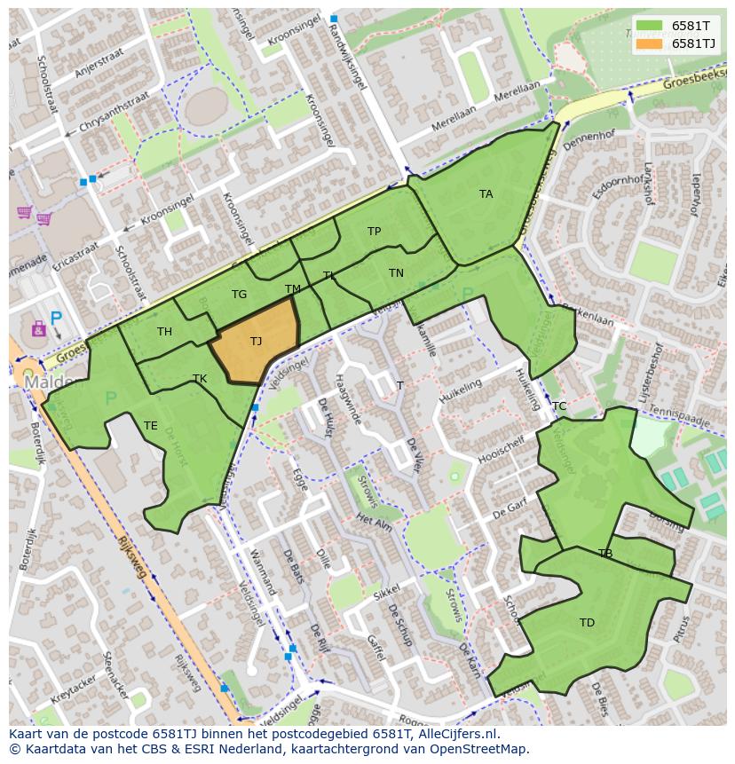 Afbeelding van het postcodegebied 6581 TJ op de kaart.