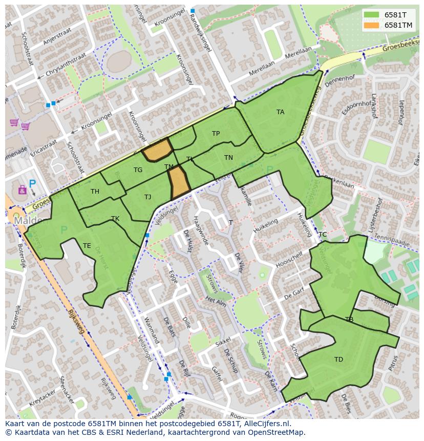 Afbeelding van het postcodegebied 6581 TM op de kaart.
