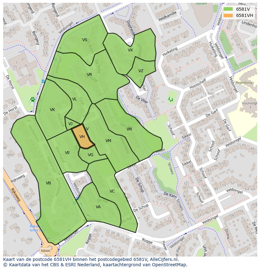 Afbeelding van het postcodegebied 6581 VH op de kaart.