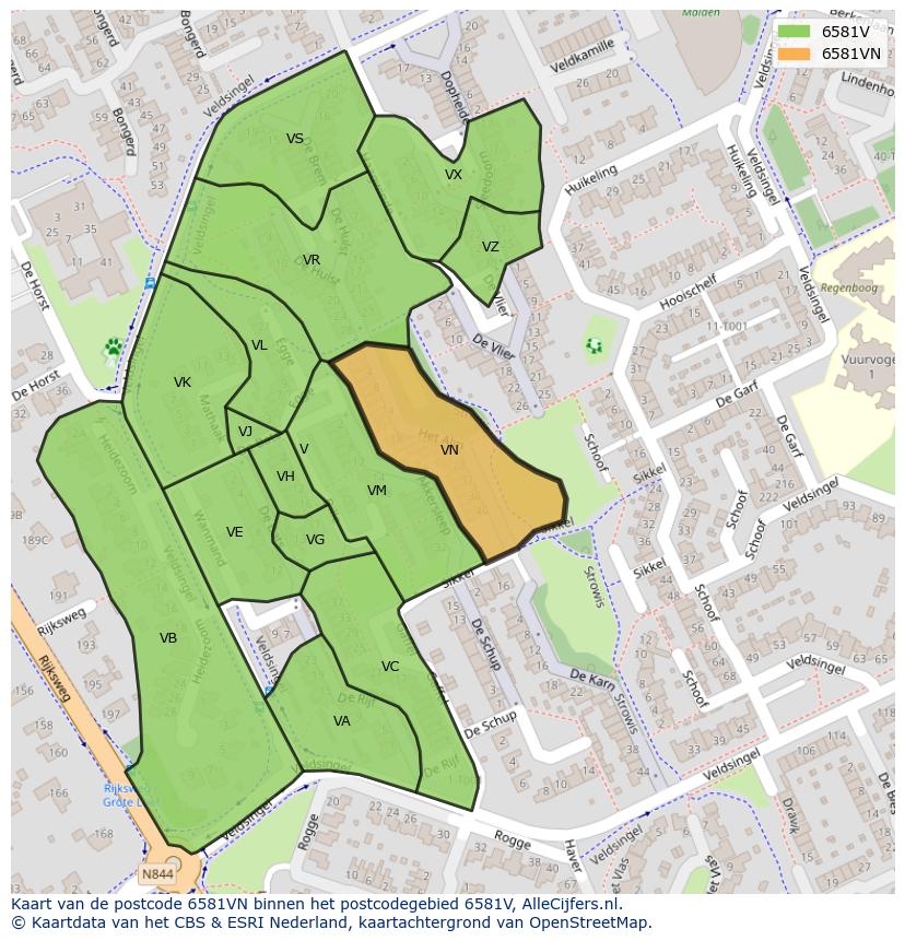 Afbeelding van het postcodegebied 6581 VN op de kaart.