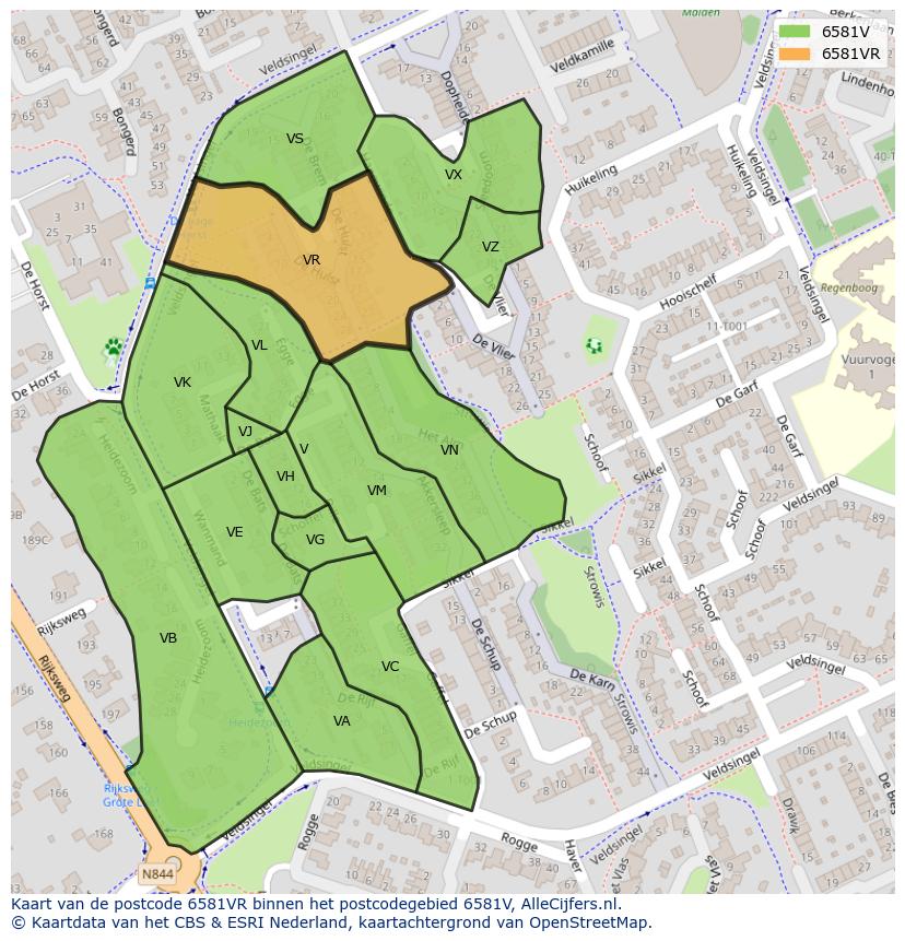 Afbeelding van het postcodegebied 6581 VR op de kaart.