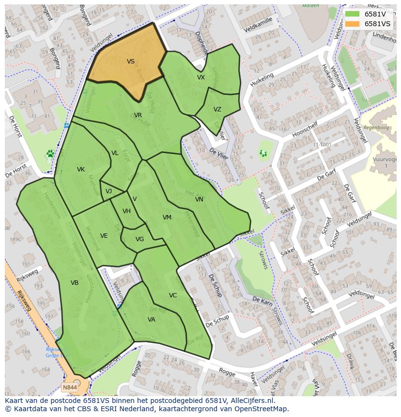 Afbeelding van het postcodegebied 6581 VS op de kaart.