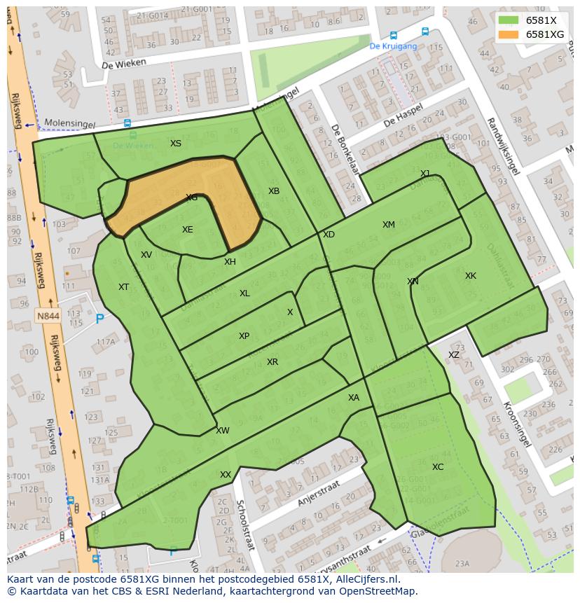 Afbeelding van het postcodegebied 6581 XG op de kaart.