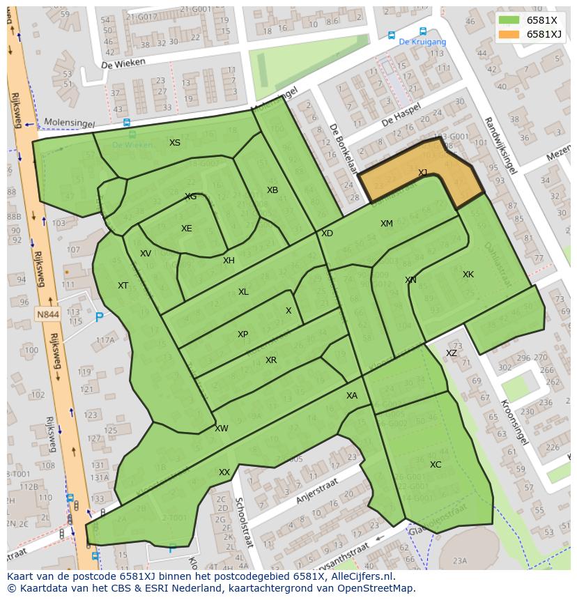 Afbeelding van het postcodegebied 6581 XJ op de kaart.
