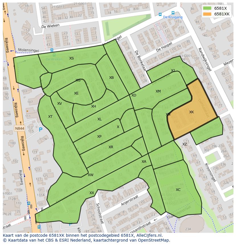 Afbeelding van het postcodegebied 6581 XK op de kaart.